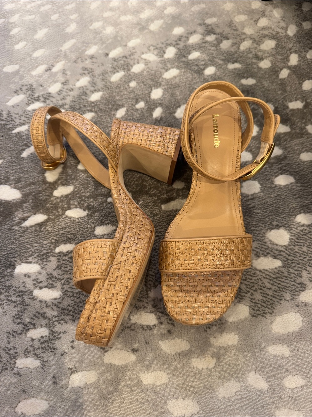 Larroude Tan Woven Block Heel Sandals with Ankle Strap